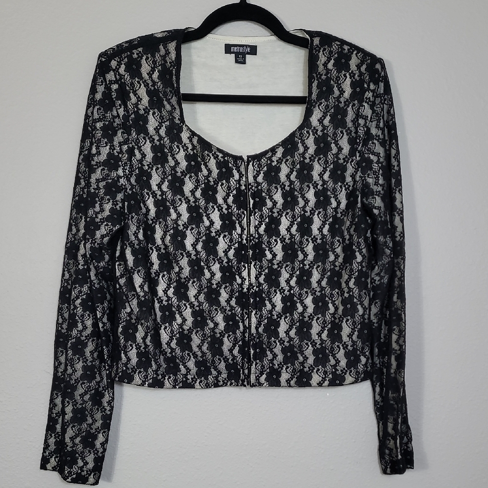 Metrostyle Y2K Lace Cropped Cardigan Size 10/M Black Witchy Whimsigoth 90s